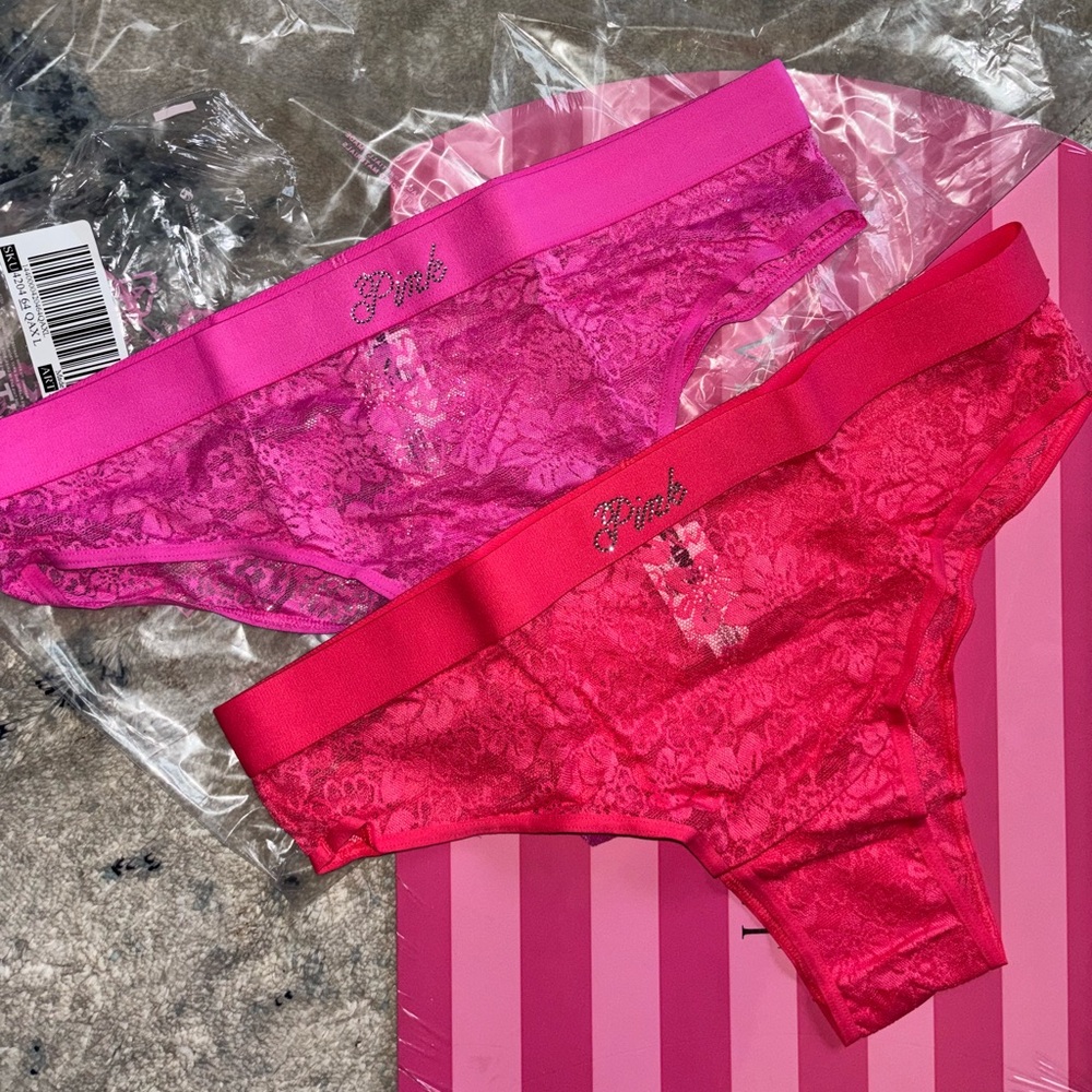 Womens Victoria’s Secret PINK rhinestone lace thong set of 2 nwt large L